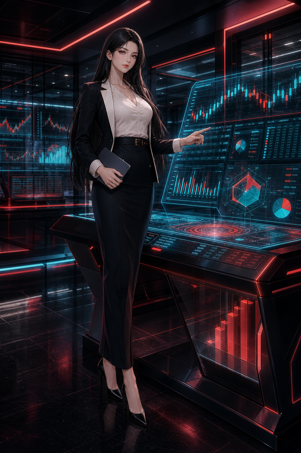 Black-haired Quant Liaison Agent at a holographic market console